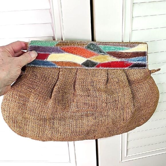 Clutch Snake Skin Style Accents Burlap Fully Lined Zip Closure And Snap - Picture 1 of 7